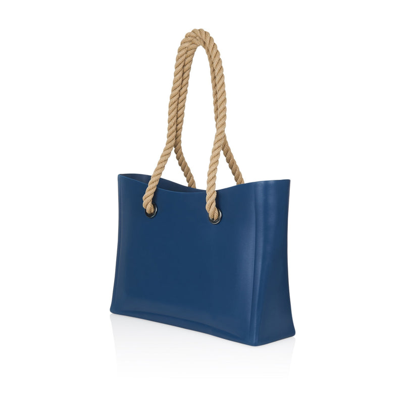 Blue waterproof beach bag with brown hemp handle - Side